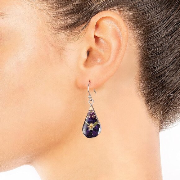 Women's Purple Sterling Pressed Dried Resin Flower Teardrop Shape Earrings - Picture 5 of 6